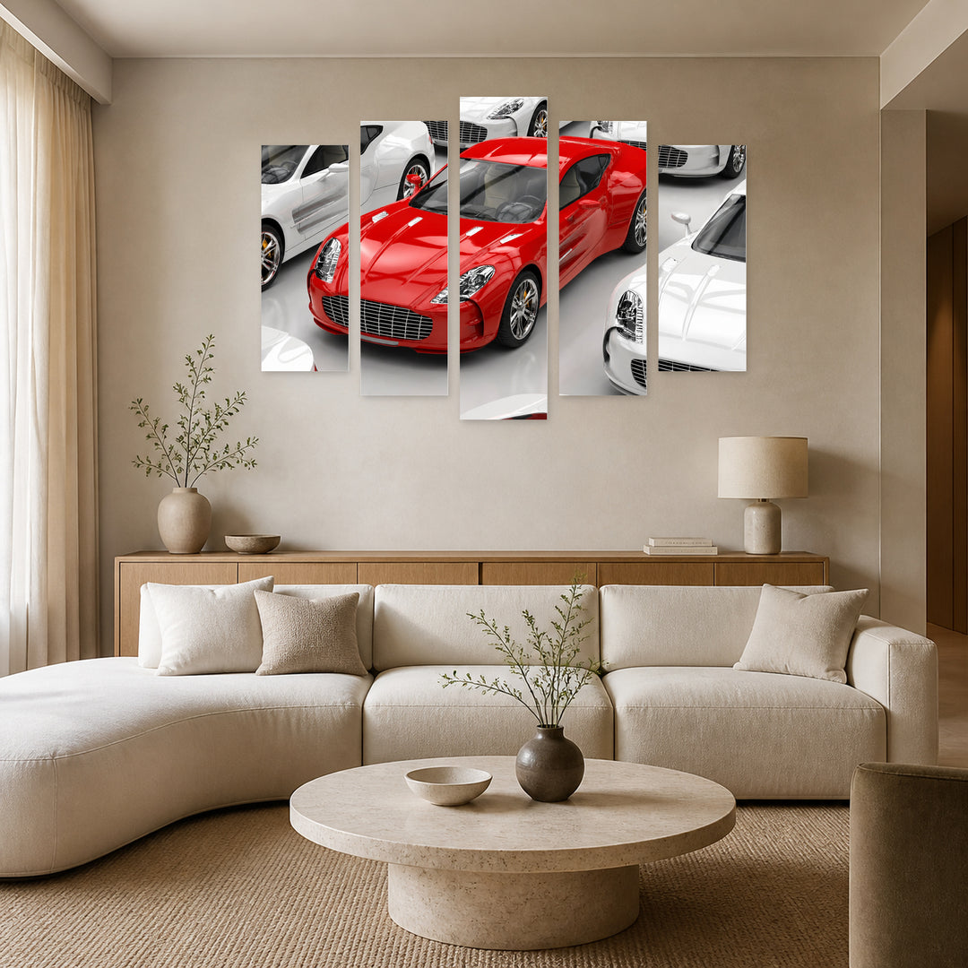 Red Sports Car in Vivid Color — five-panel wall art in alternate frontal interior | 5wallart 55532 M4
