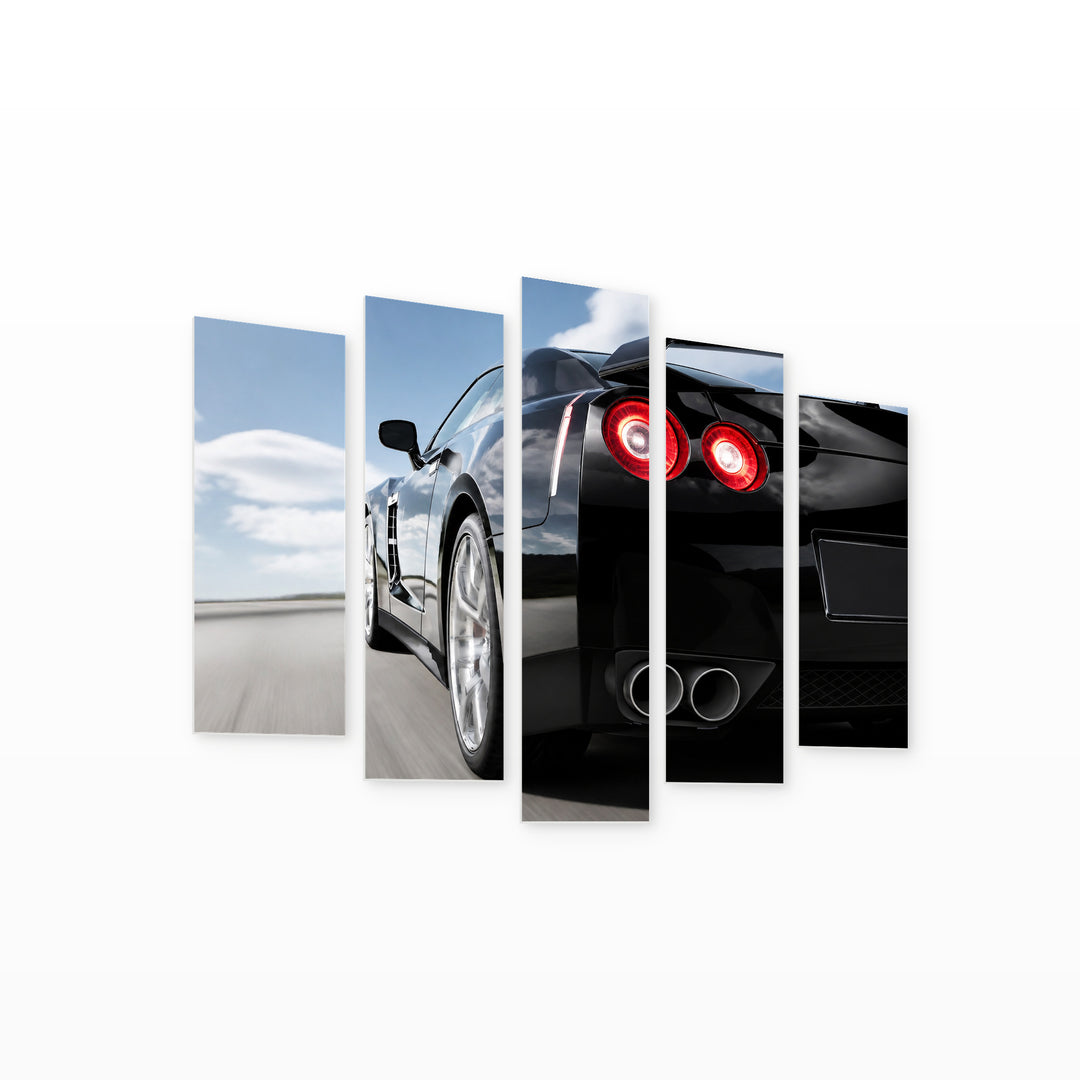 Black Sports Car Motion Study — five-panel wall art on white background in perspective | 5wallart 55534 M1