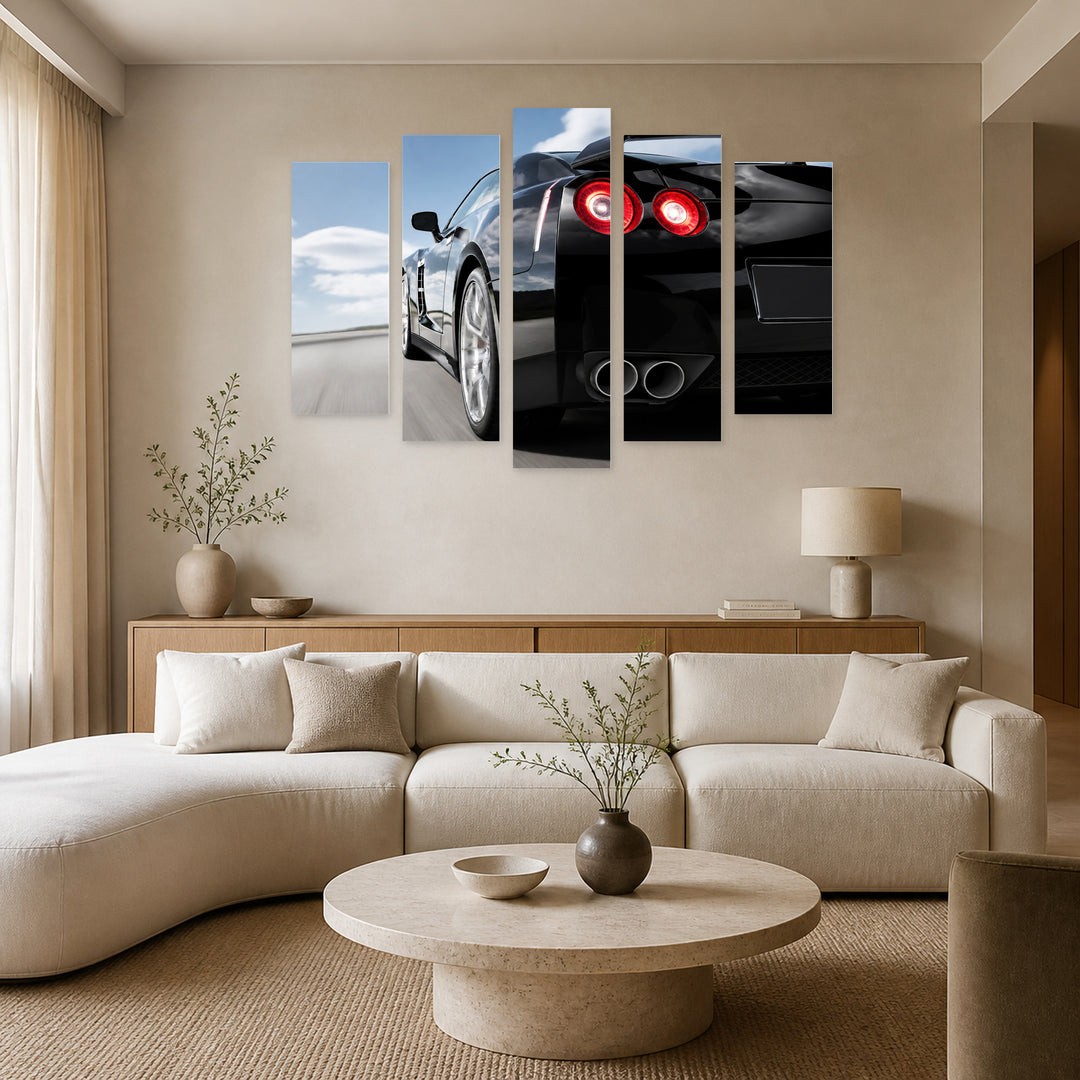 Black Sports Car Motion Study — five-panel wall art in alternate frontal interior | 5wallart 55534 M4