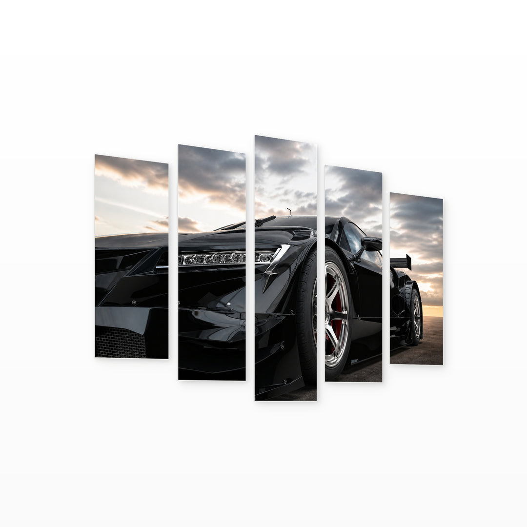 Sports Black Car with Dramatic Contrast — five-panel wall art on white background in perspective | 5wallart 55536 M1