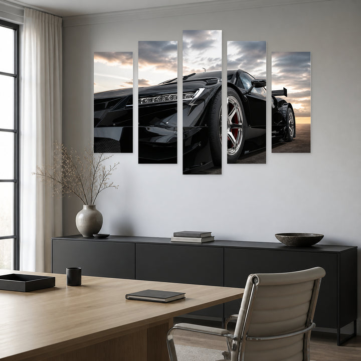 Sports Black Car with Dramatic Contrast — five-panel wall art in frontal interior | 5wallart 55536 M3
