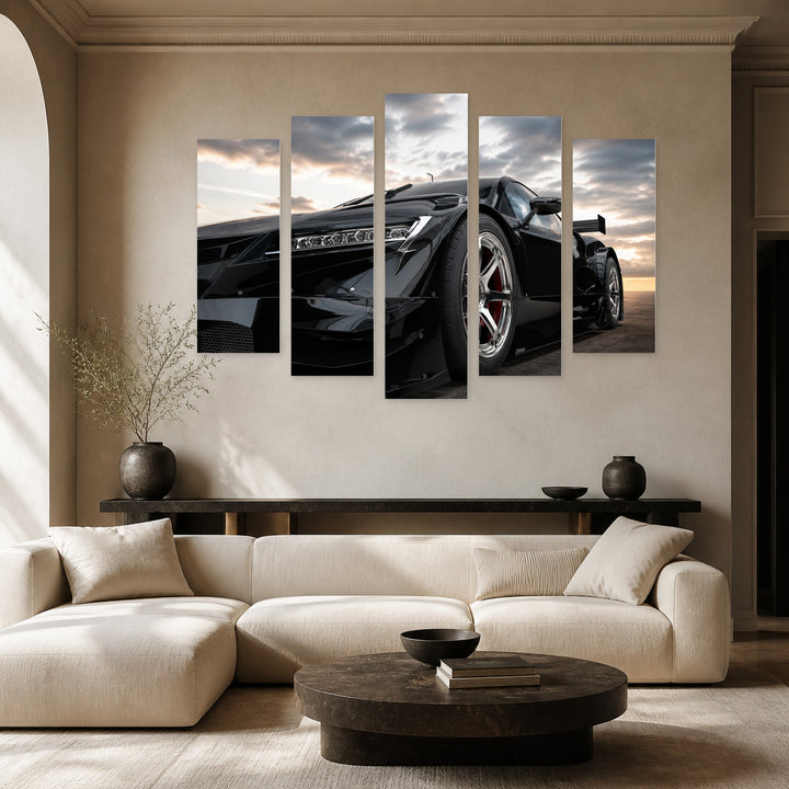 Sports Black Car with Dramatic Contrast — five-panel wall art in alternate frontal interior | 5wallart 55536 M4