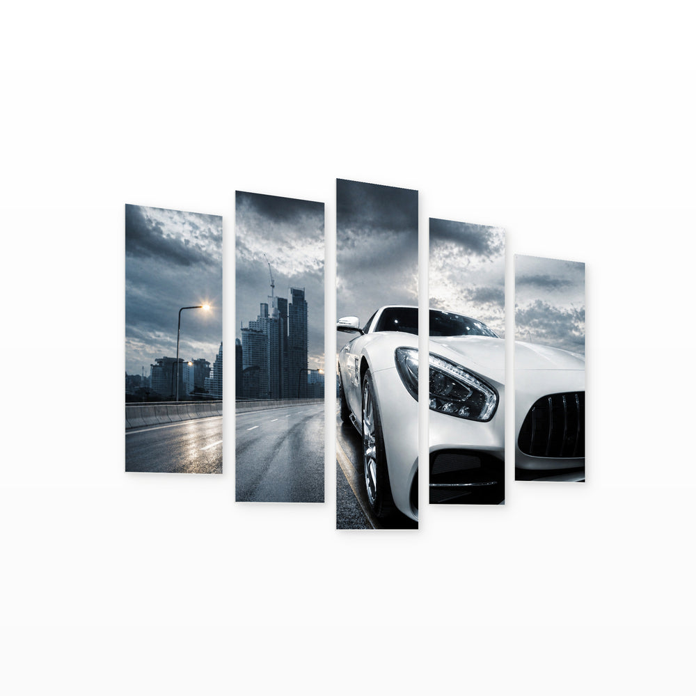 White Sports Car 1 with Dramatic Contrast — five-panel wall art on white background in perspective | 5wallart 55537 M1