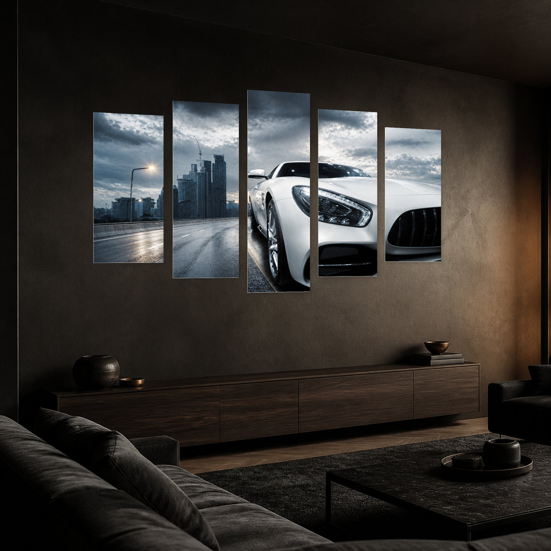 White Sports Car 1 with Dramatic Contrast — five-panel wall art in perspective interior | 5wallart 55537 M2