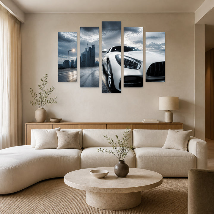 White Sports Car 1 with Dramatic Contrast — five-panel wall art in frontal interior | 5wallart 55537 M3
