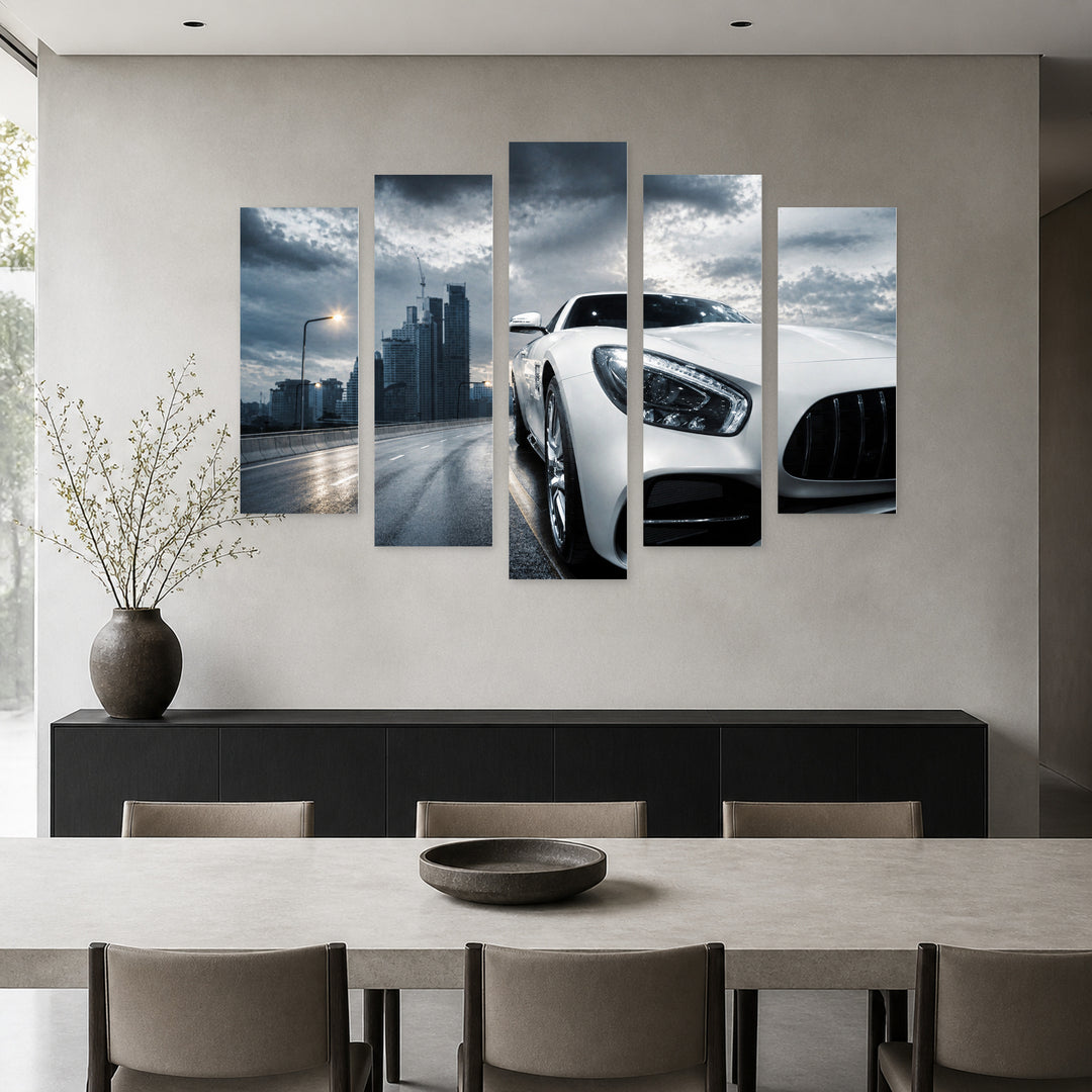 White Sports Car 1 with Dramatic Contrast — five-panel wall art in alternate frontal interior | 5wallart 55537 M4