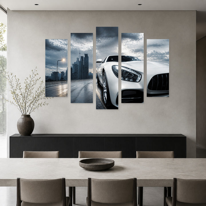 White Sports Car 1 with Dramatic Contrast — five-panel wall art in alternate frontal interior | 5wallart 55537 M4