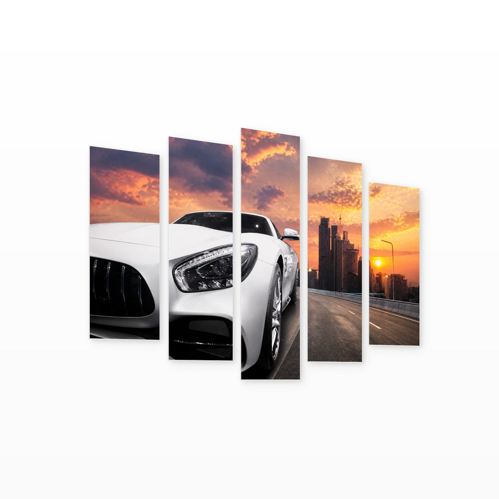 Fast Luxury White Car with Dramatic Contrast — five-panel wall art on white background in perspective | 5wallart 55538 M1