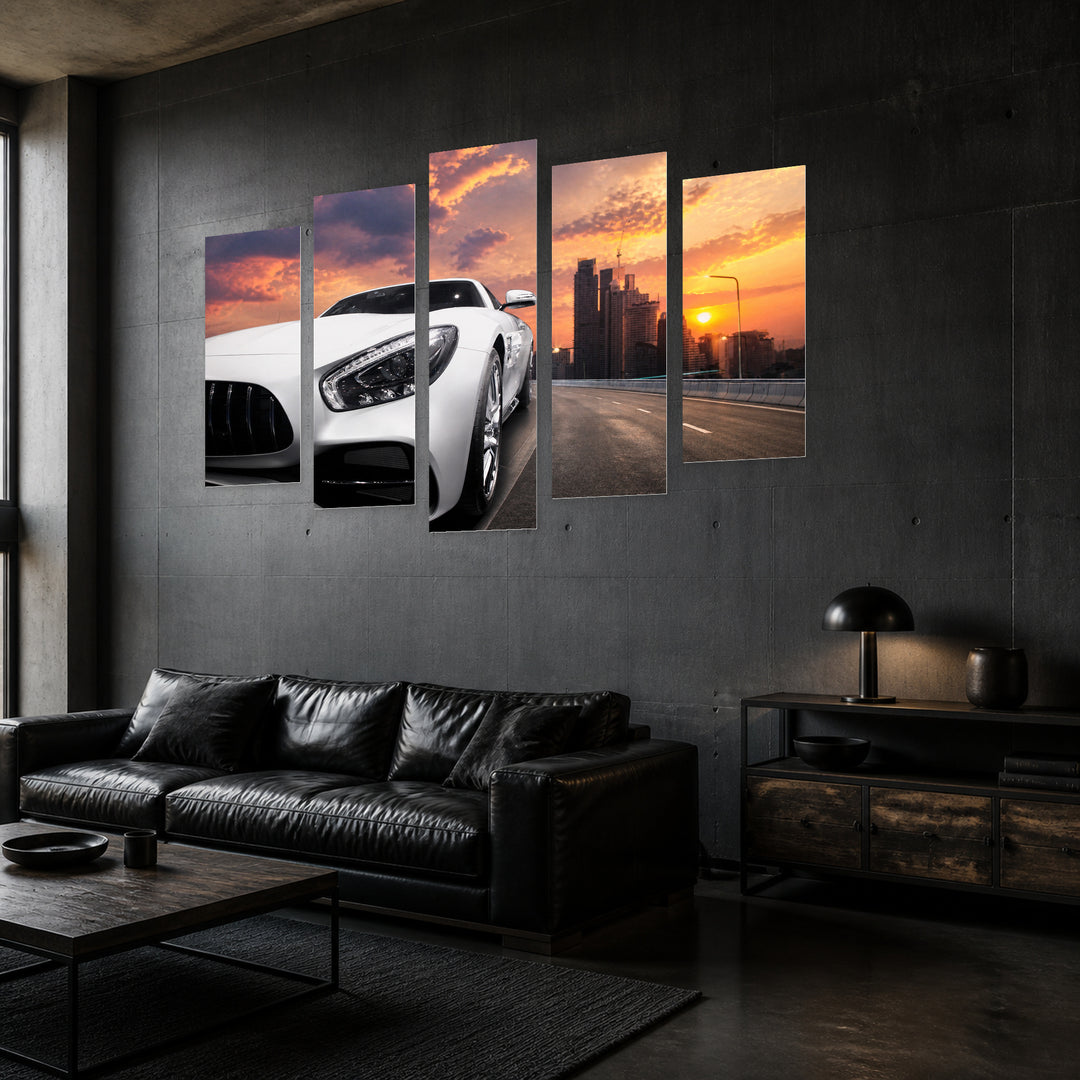 Fast Luxury White Car with Dramatic Contrast — five-panel wall art in perspective interior | 5wallart 55538 M2