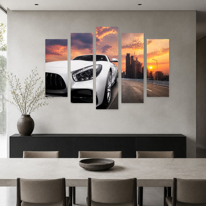 Fast Luxury White Car with Dramatic Contrast — five-panel wall art in frontal interior | 5wallart 55538 M3
