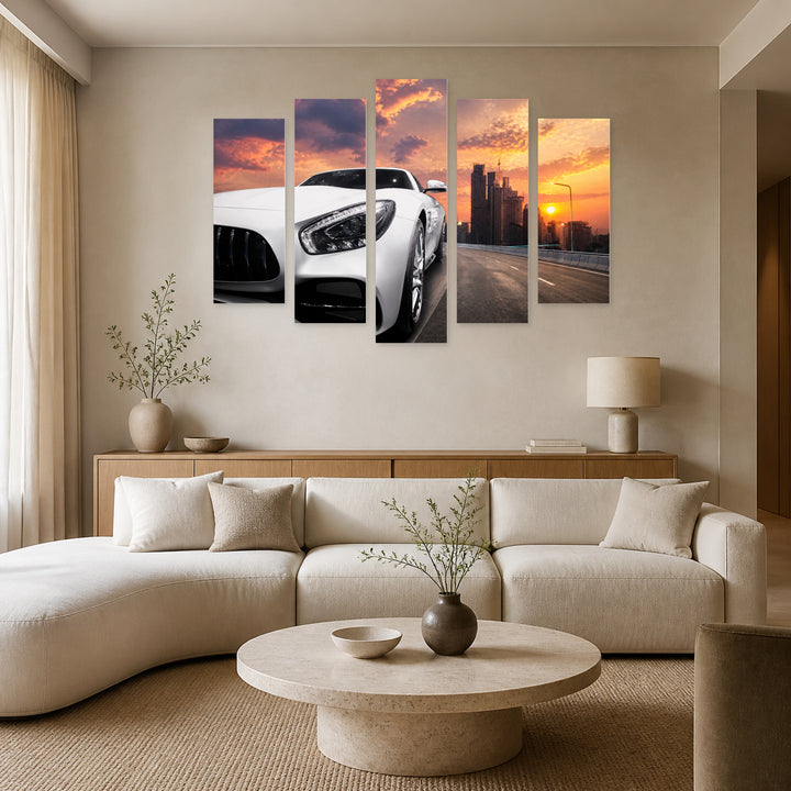 Fast Luxury White Car with Dramatic Contrast — five-panel wall art in alternate frontal interior | 5wallart 55538 M4