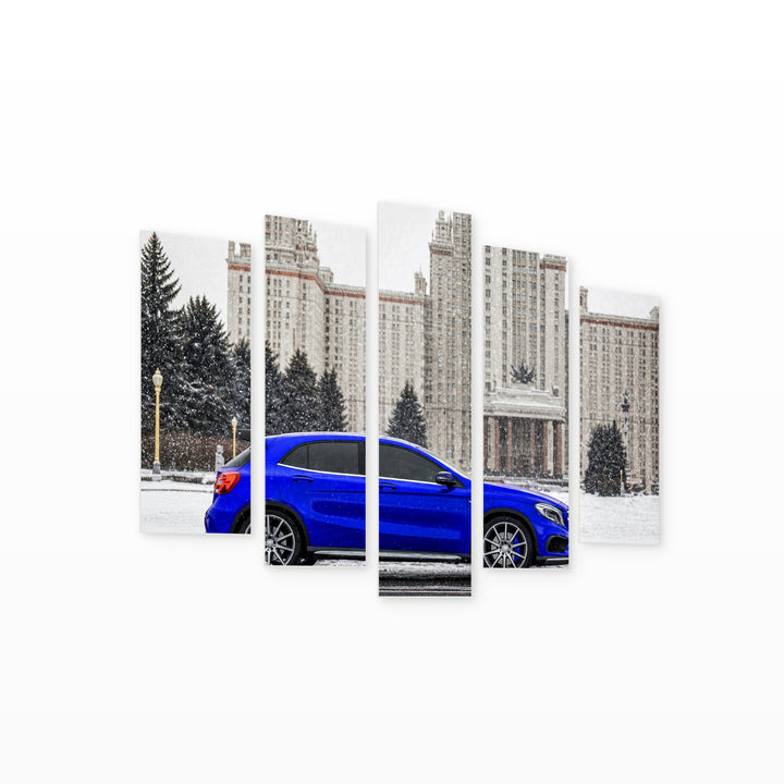 Blue Sports Car with Dramatic Contrast — five-panel wall art on white background in perspective | 5wallart 55539 M1