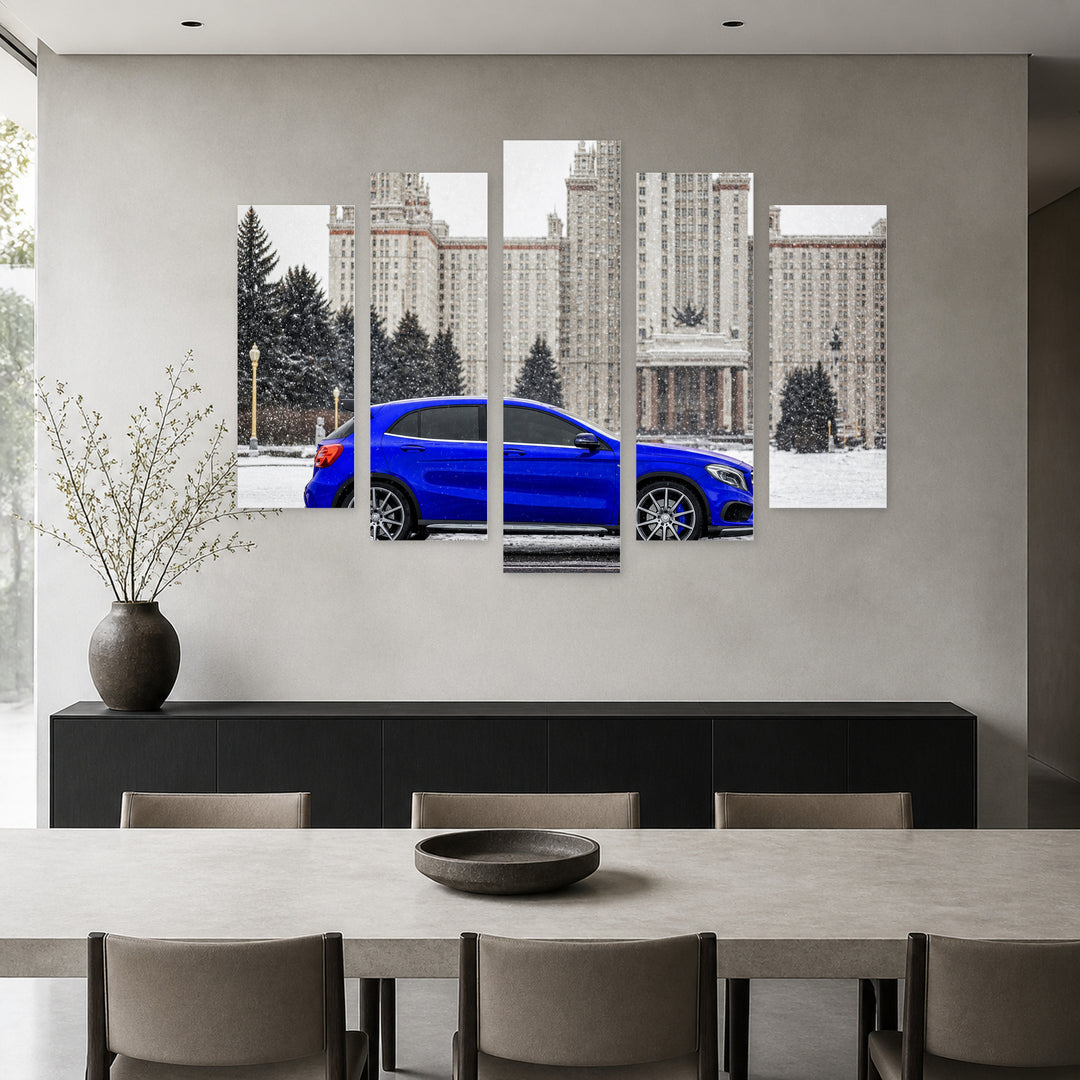 Blue Sports Car with Dramatic Contrast — five-panel wall art in alternate frontal interior | 5wallart 55539 M4