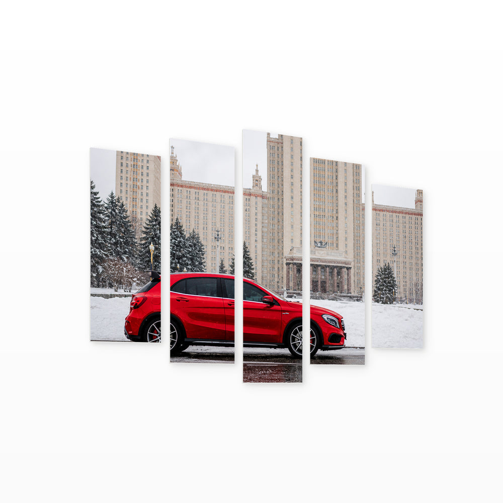 Red Sports Car with Geometric Rhythm — five-panel wall art on white background in perspective | 5wallart 55540 M1