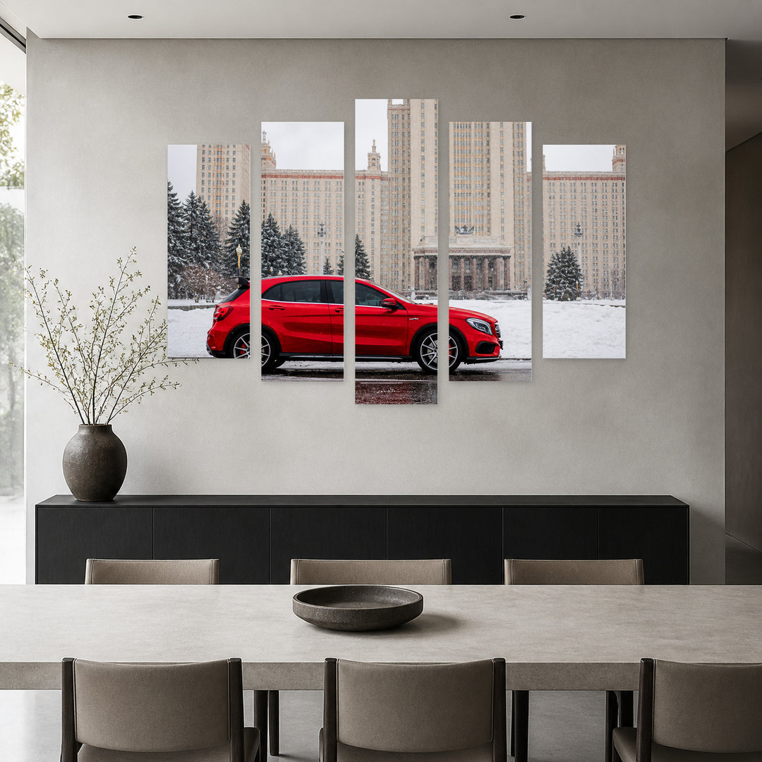 Red Sports Car with Geometric Rhythm — five-panel wall art in frontal interior | 5wallart 55540 M3