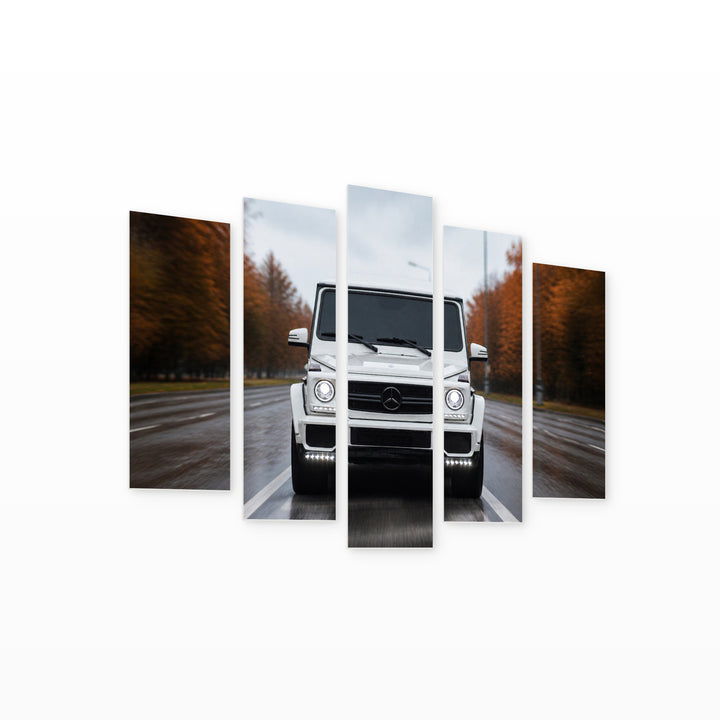 White SUV on the Road with Dreamlike Atmosphere — five-panel wall art on white background in perspective | 5wallart 55541 M1