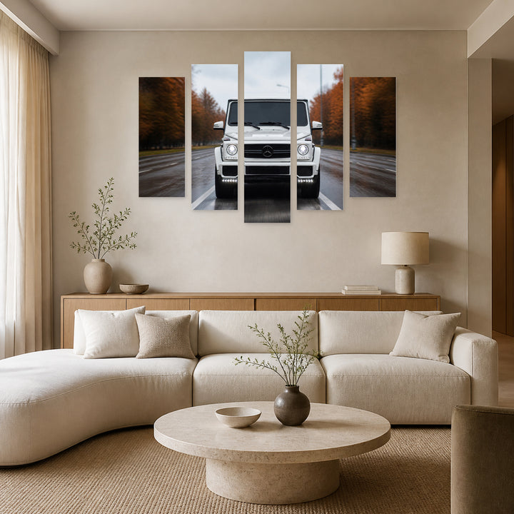 White SUV on the Road with Dreamlike Atmosphere — five-panel wall art in frontal interior | 5wallart 55541 M3