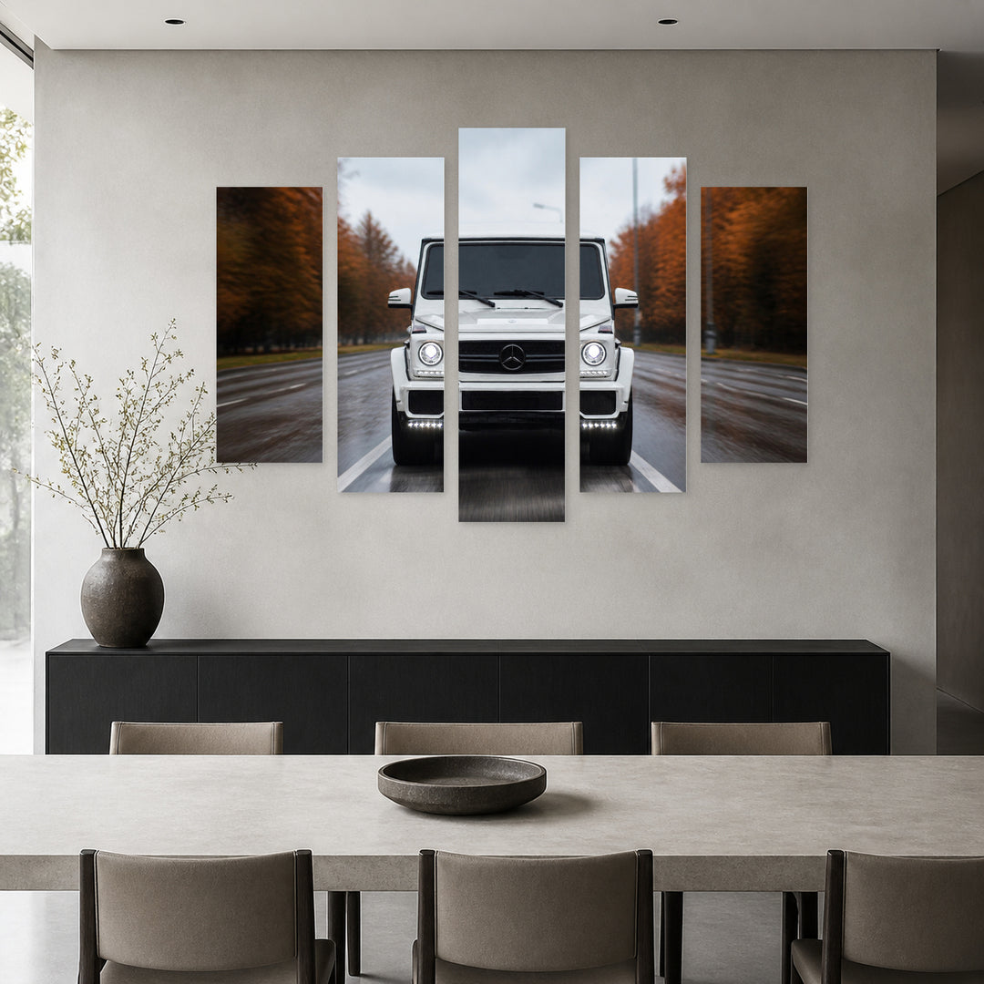 White SUV on the Road with Dreamlike Atmosphere — five-panel wall art in alternate frontal interior | 5wallart 55541 M4