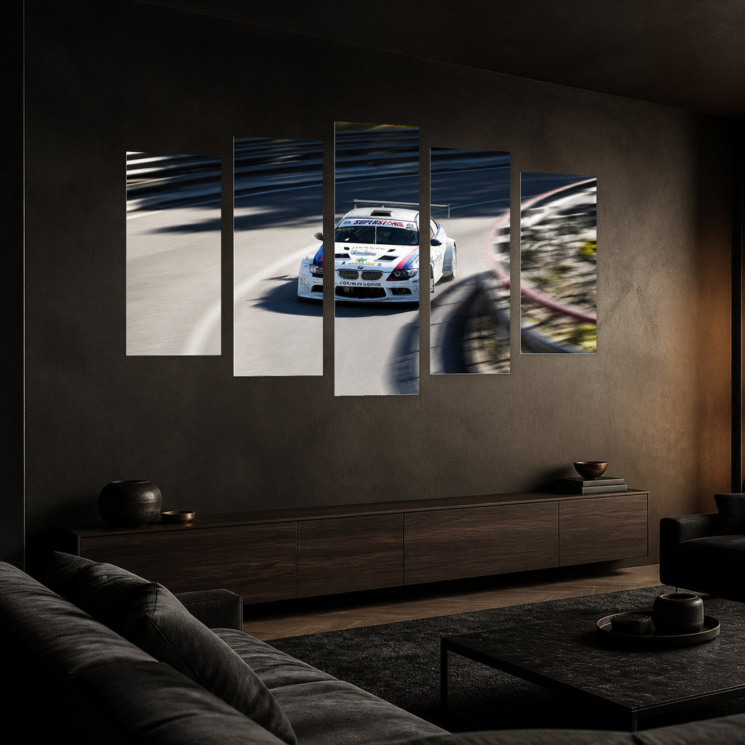 Racing Car Motion Study — five-panel wall art in perspective interior | 5wallart 55543 M2