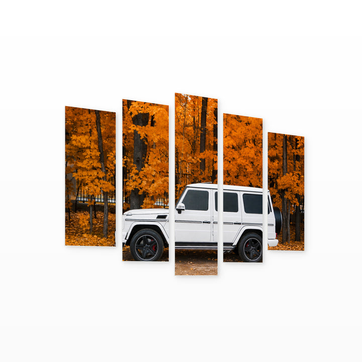 White SUV in Autumn Landscape Study — five-panel wall art on white background in perspective | 5wallart 55544 M1
