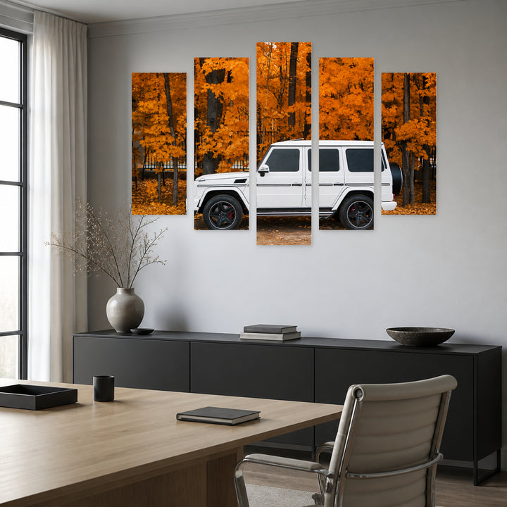 White SUV in Autumn Landscape Study — five-panel wall art in frontal interior | 5wallart 55544 M3
