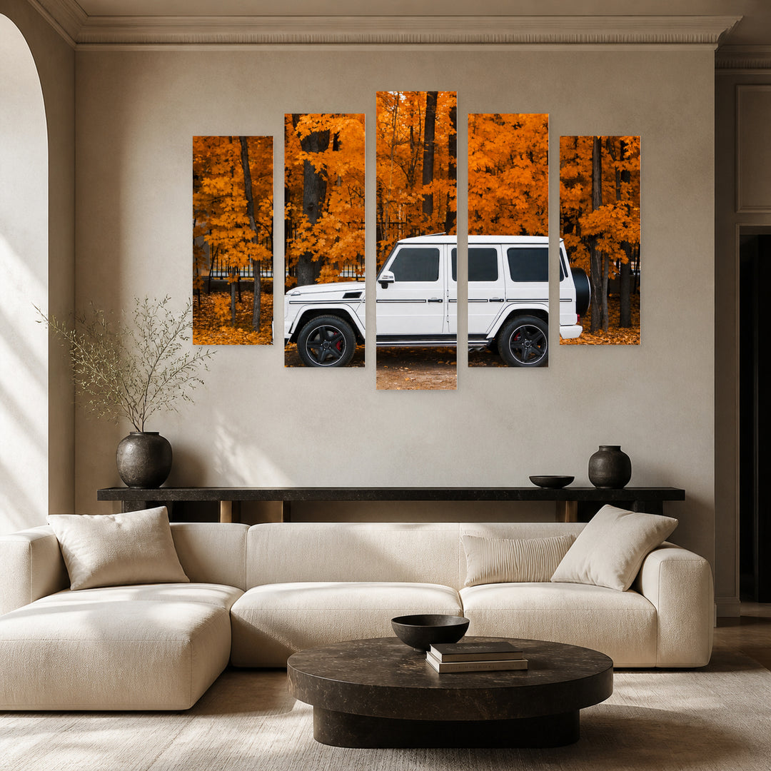 White SUV in Autumn Landscape Study — five-panel wall art in alternate frontal interior | 5wallart 55544 M4