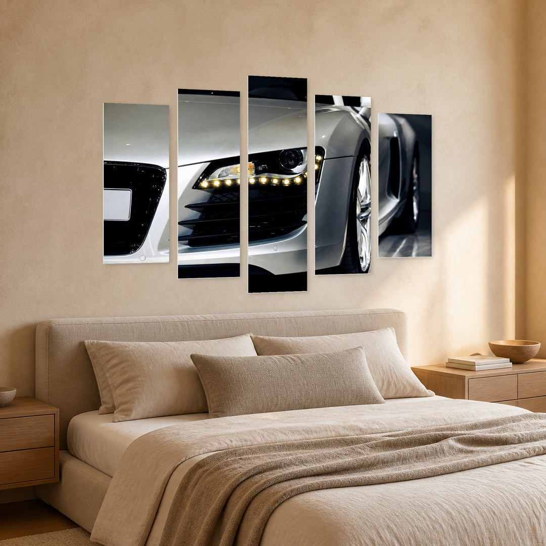 Headlight of a Luxury Sports Car Motion Study — five-panel wall art in perspective interior | 5wallart 55545 M2