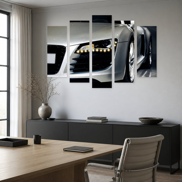 Headlight of a Luxury Sports Car Motion Study — five-panel wall art in alternate frontal interior | 5wallart 55545 M4