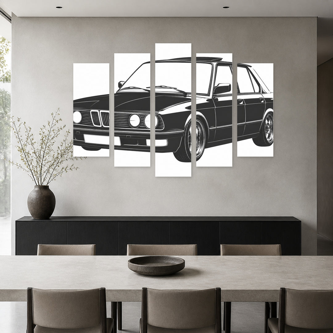 Car Illustration with Geometric Rhythm — five-panel wall art in frontal interior | 5wallart 55546 M3