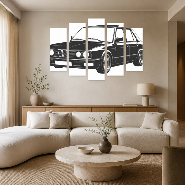 Car Illustration with Geometric Rhythm — five-panel wall art in alternate frontal interior | 5wallart 55546 M4