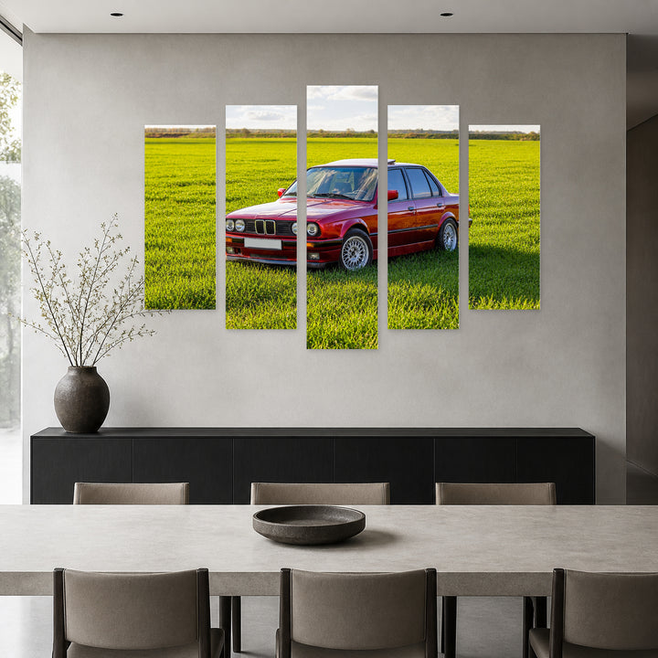 Red Car in the Field in Vivid Color — five-panel wall art in frontal interior | 5wallart 55548 M3