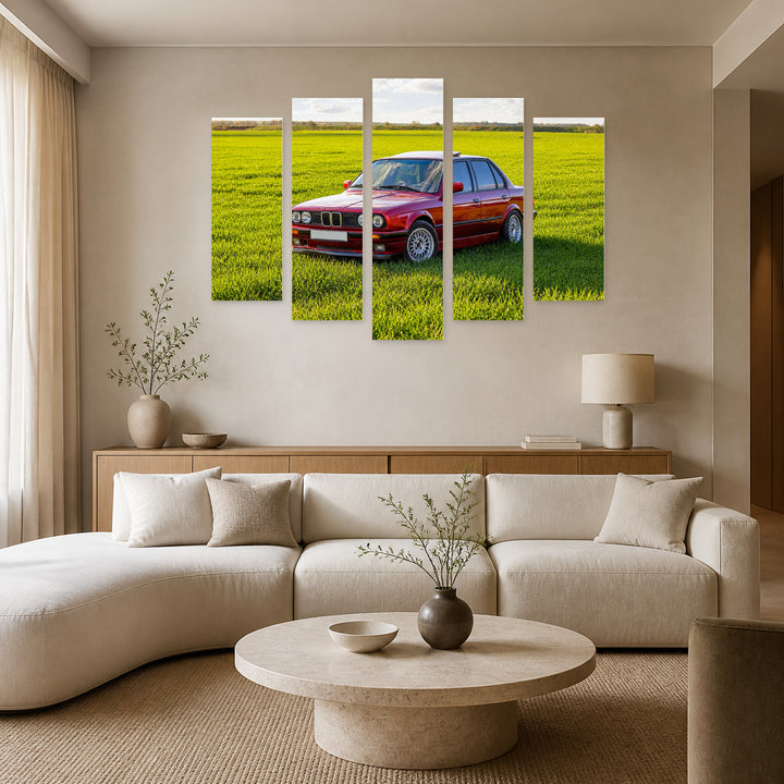 Red Car in the Field in Vivid Color — five-panel wall art in alternate frontal interior | 5wallart 55548 M4