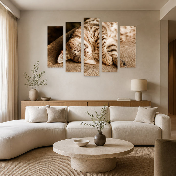 Happy Sleeping Cat with Geometric Rhythm — five-panel wall art in alternate frontal interior | 5wallart 55550 M4