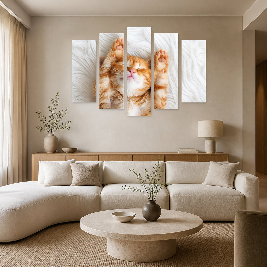 Ginger Kitten Wildlife Portrait — five-panel wall art in alternate frontal interior | 5wallart 55552 M4