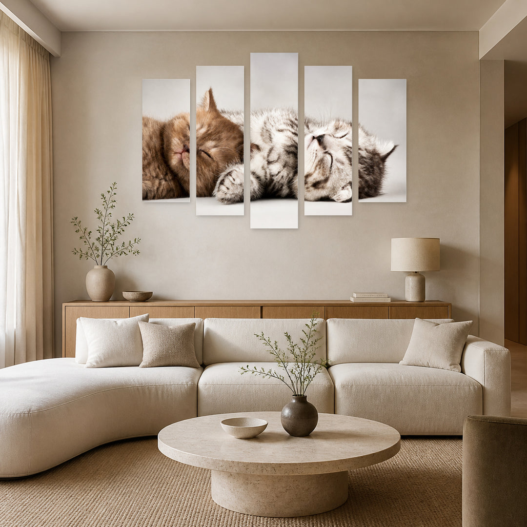Sleeping Kittens in Serene Light — five-panel wall art in alternate frontal interior | 5wallart 55556 M4