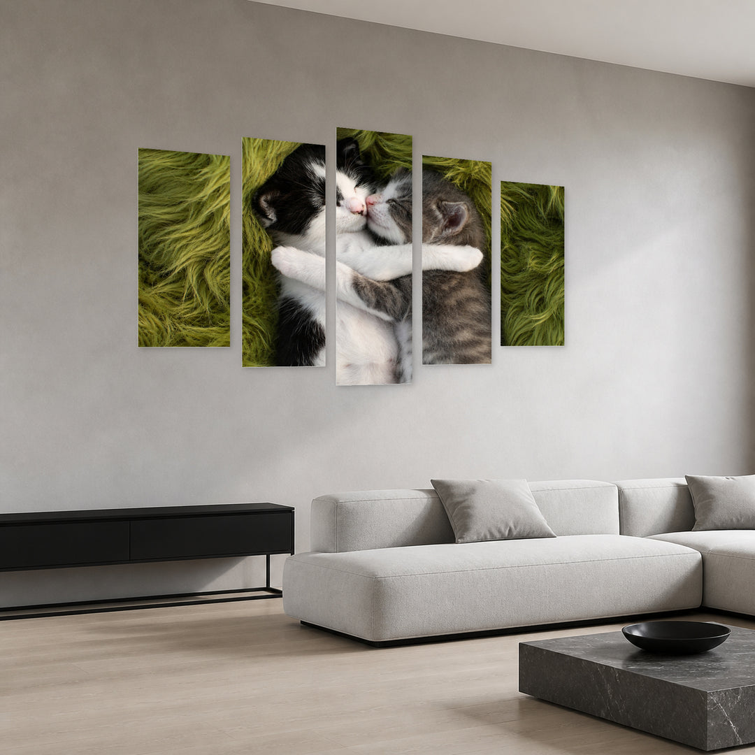 Cuddling Kittens in Serene Light — five-panel wall art in perspective interior | 5wallart 55558 M2