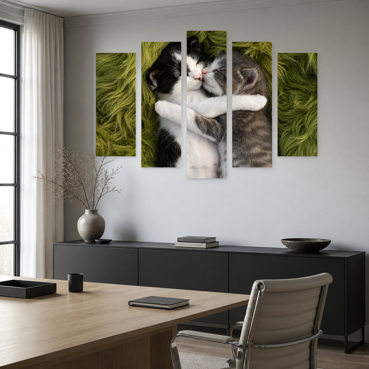 Cuddling Kittens in Serene Light — five-panel wall art in frontal interior | 5wallart 55558 M3