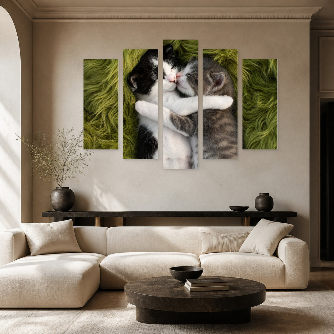 Cuddling Kittens in Serene Light — five-panel wall art in alternate frontal interior | 5wallart 55558 M4