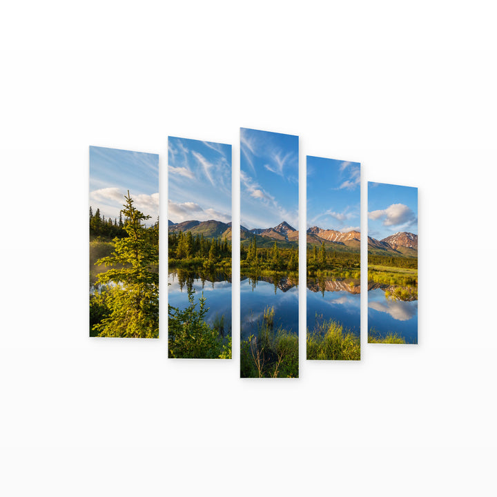 Lake in Alaska in Serene Light II — five-panel wall art on white background in perspective | 5wallart 55565 M1