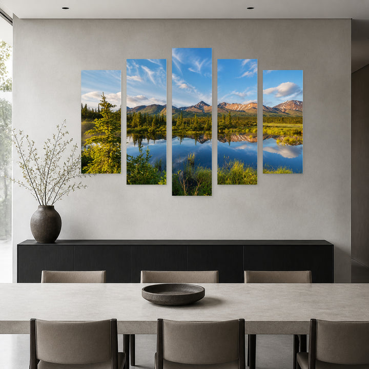 Lake in Alaska in Serene Light II — five-panel wall art in alternate frontal interior | 5wallart 55565 M4