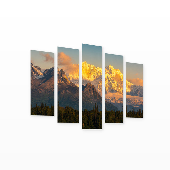 Denali Peak at Golden Sunset — five-panel wall art on white background in perspective | 5wallart 55567 M1