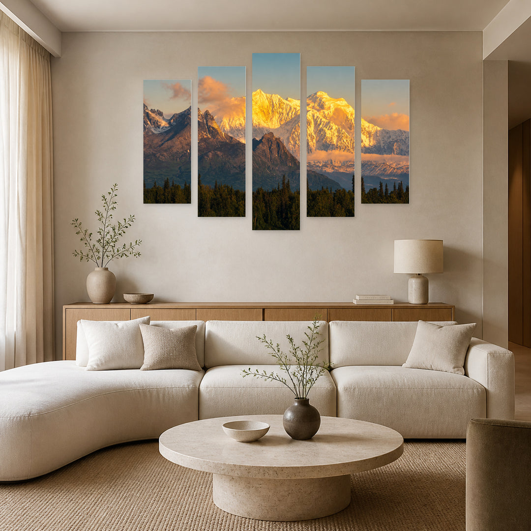 Denali Peak at Golden Sunset — five-panel wall art in frontal interior | 5wallart 55567 M3