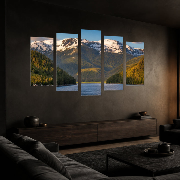 Mountain Range in Alaska in Blue and Gold — five-panel wall art in perspective interior | 5wallart 55569 M2