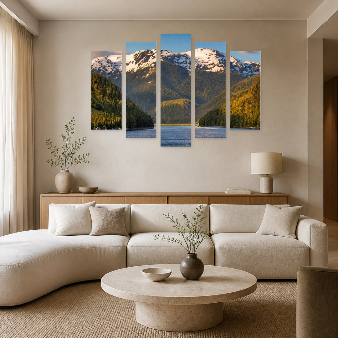 Mountain Range in Alaska in Blue and Gold — five-panel wall art in frontal interior | 5wallart 55569 M3