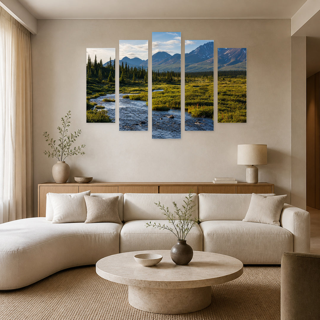 River in Alaska in Serene Light — five-panel wall art in alternate frontal interior | 5wallart 55570 M4