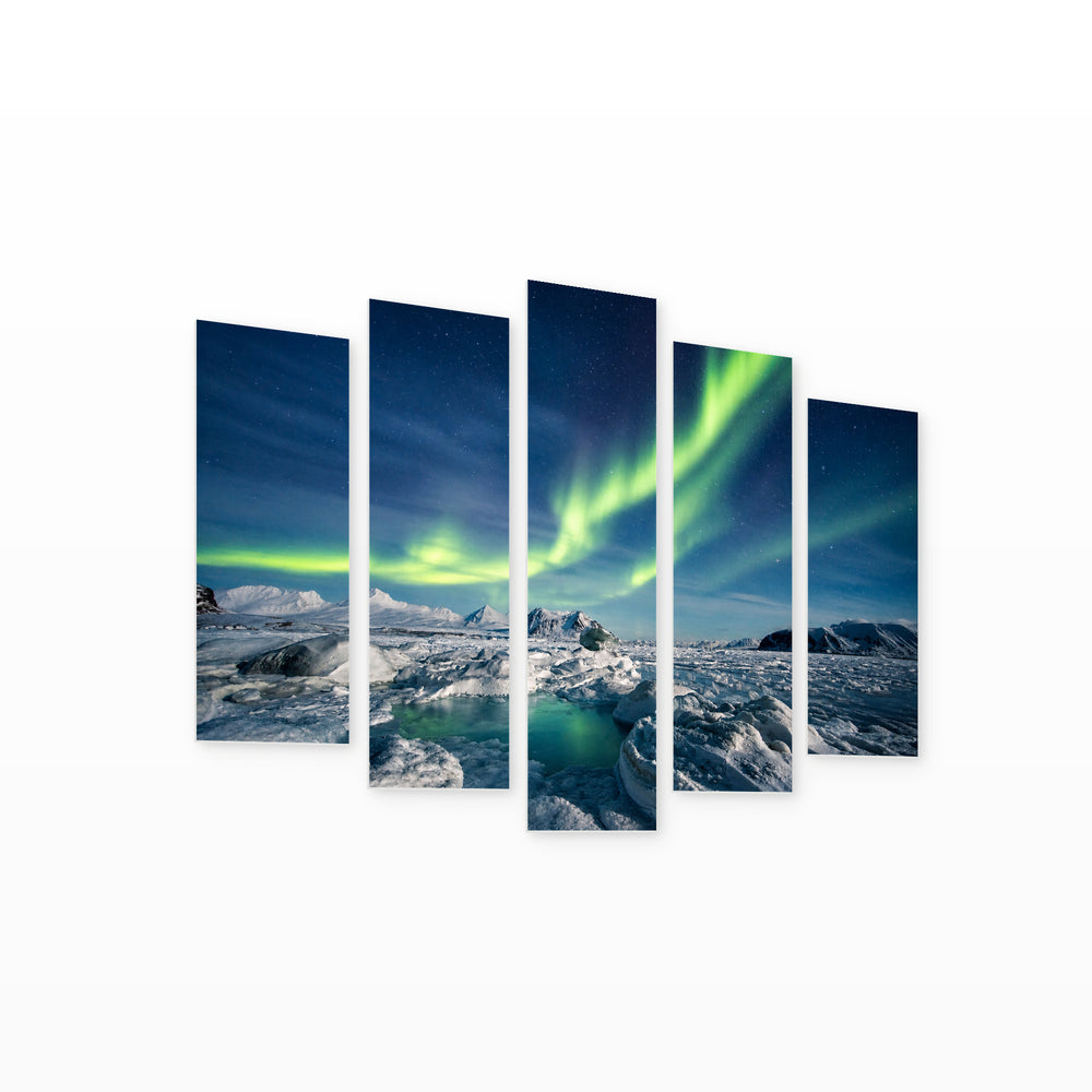 Arctic Winter Landscape in Blue and Gold — five-panel wall art on white background in perspective | 5wallart 55571 M1