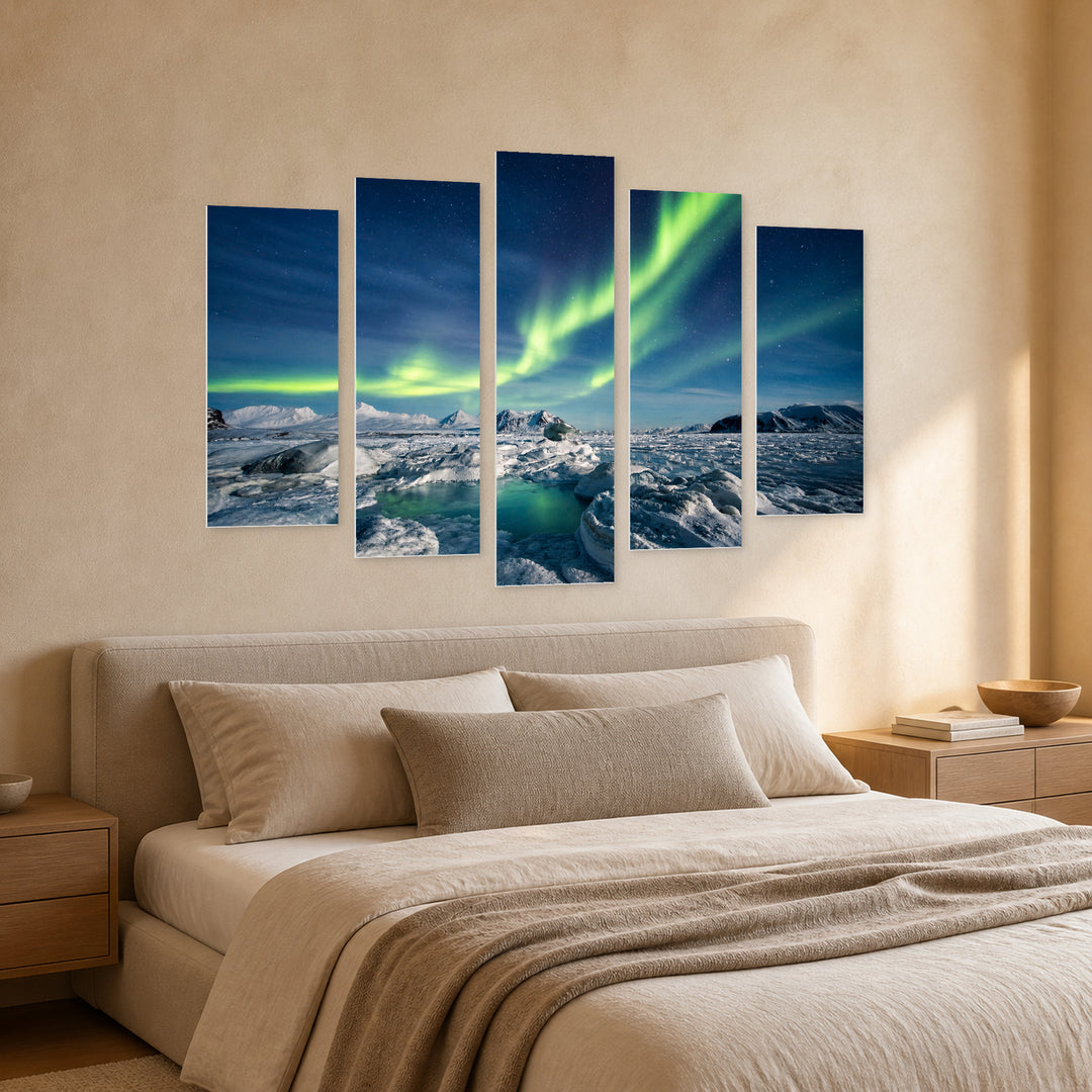 Arctic Winter Landscape in Blue and Gold — five-panel wall art in perspective interior | 5wallart 55571 M2