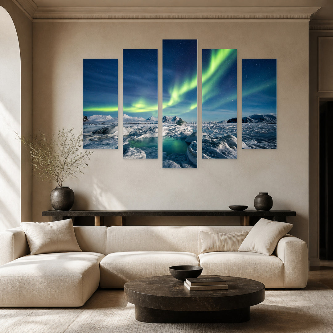 Arctic Winter Landscape in Blue and Gold — five-panel wall art in frontal interior | 5wallart 55571 M3