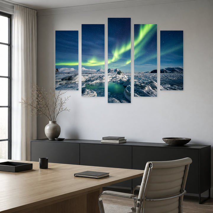 Arctic Winter Landscape in Blue and Gold — five-panel wall art in alternate frontal interior | 5wallart 55571 M4