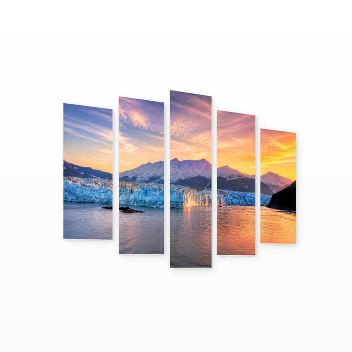 Sunrise over Glacier with Dreamlike Atmosphere — five-panel wall art on white background in perspective | 5wallart 55572 M1
